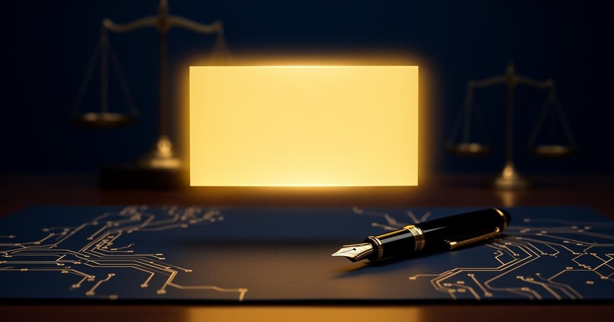 AI contract review hero — glowing legal document on a navy desk with a fountain pen and scales of justice