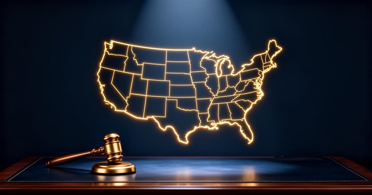 Glowing golden outline of the US map above an executive desk with a gavel — Legal AI USA